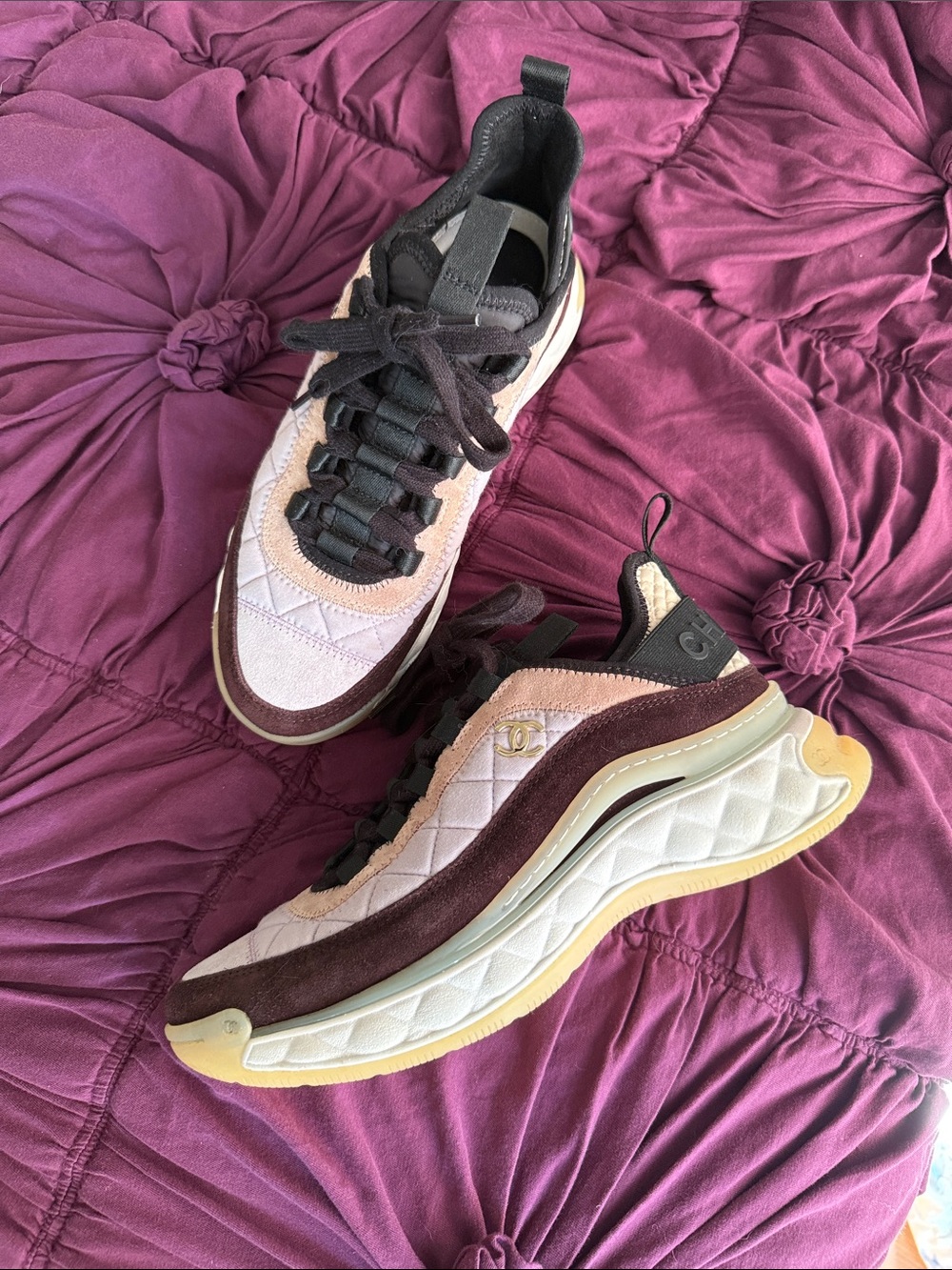 CHANEL Quilted Purple and Burgundy Suede-Trim Sneakers